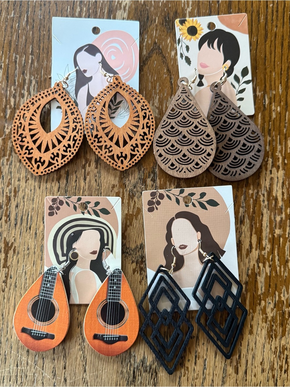 4 Pairs Wooden Dangle Earrings Boho Laser Cut Filigree Teardrop Jewelry Set